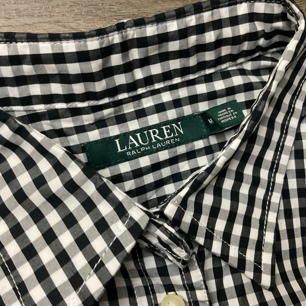 Lauren Ralph Lauren Gingham 3/4 Bell Sleeve Shirt Womens Medium Black White - Picture 5 of 10